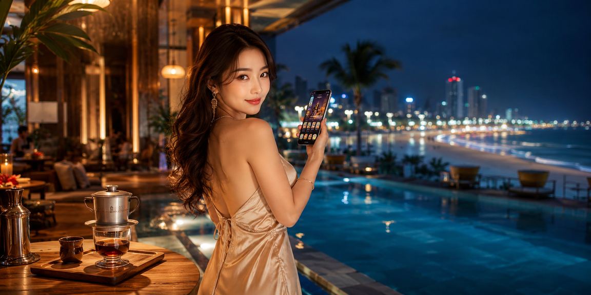 Người dùng thư giãn với cà phê bên bờ biển Vũng Tàu và ứng dụng casino